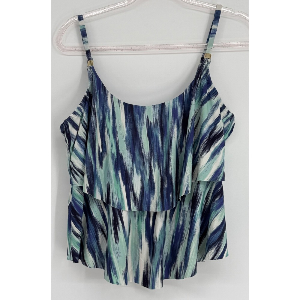 24th & Ocean Womens Tankini Swim Top Blue Green Ikat Ruffle Tiered Sz XL